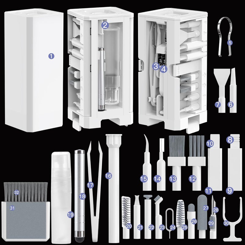 Hallocool Cleaning Kit for Phone Headphone 32 in 1 Multi-Functional Electronics Cleaning Kits for Cell Phones, Computer, Monitor, Earbuds, Laptop, Camera, Lens Portable White Cleaning Kit Tool - Image 1